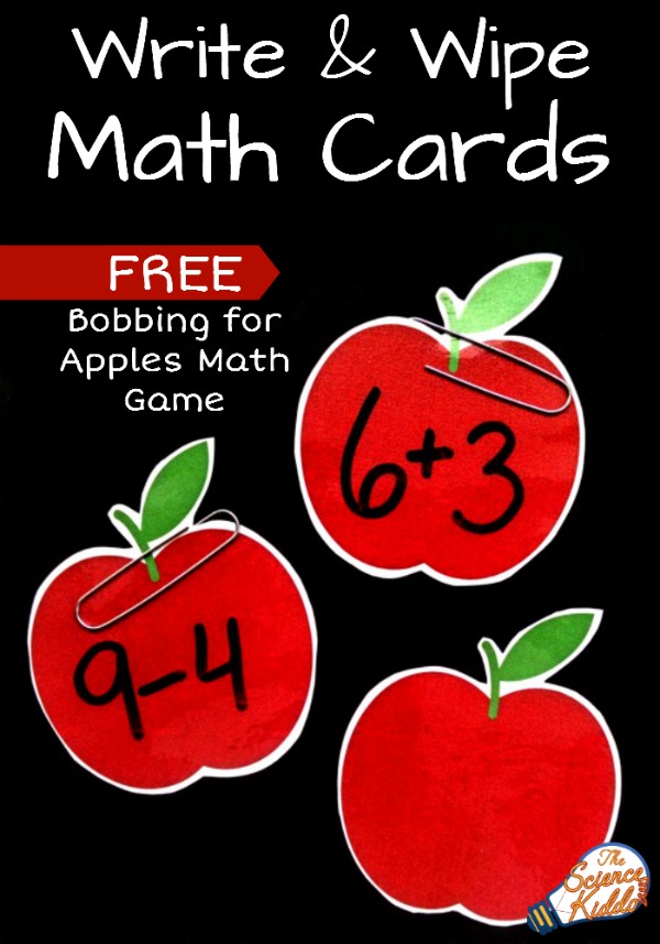 Make your own bobbing for apples math game using these free write and wipe math cards. Great for use practicing math facts, sight words, spelling, and more!