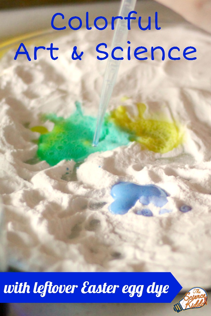 This baking soda and vinegar experiment engages kids' creativity and imagination by using leftover Easter egg dye to create bright and colorful baking soda and vinegar art.